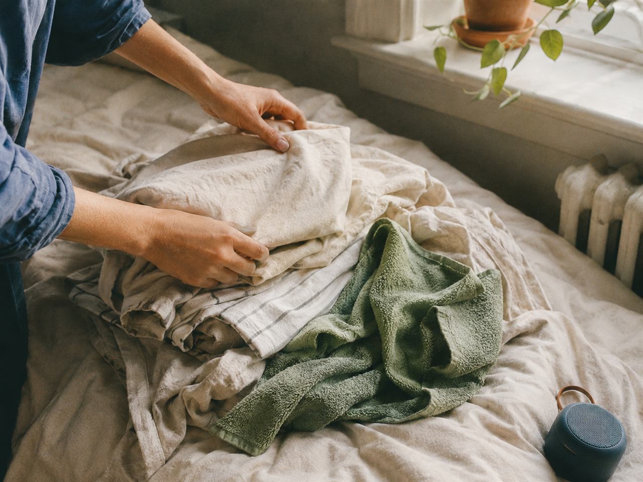 Folding laundry on a bed by a window, a small speaker resting on the duvet