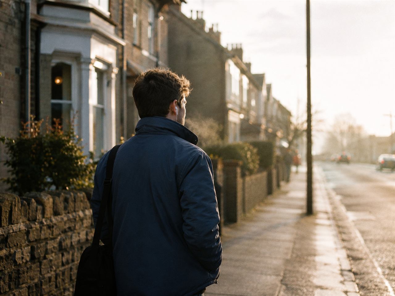 Walking past brick terraces on a morning commute with earphones in, low golden sun